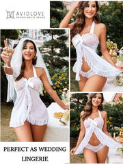 Womens Lingerie Lace Open Front Sleepwear Halter Nighty Chemsie