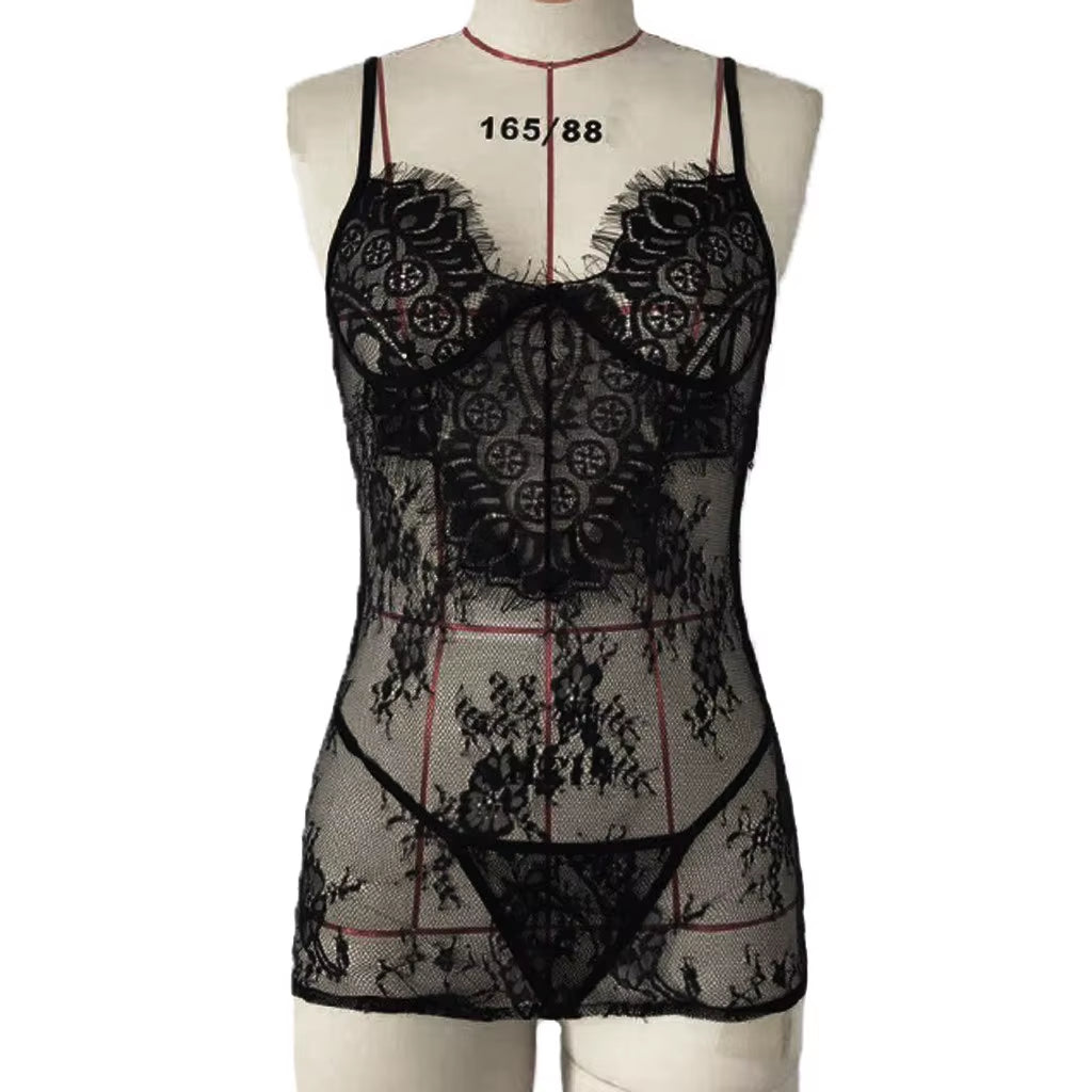 Women Sexy Lace Dress with Thongs Hot Sleepwear Pajamas Backless Lace Sexy Lingerie Strap Dress 1/2 Bra Mesh Hollow Erotic Dress