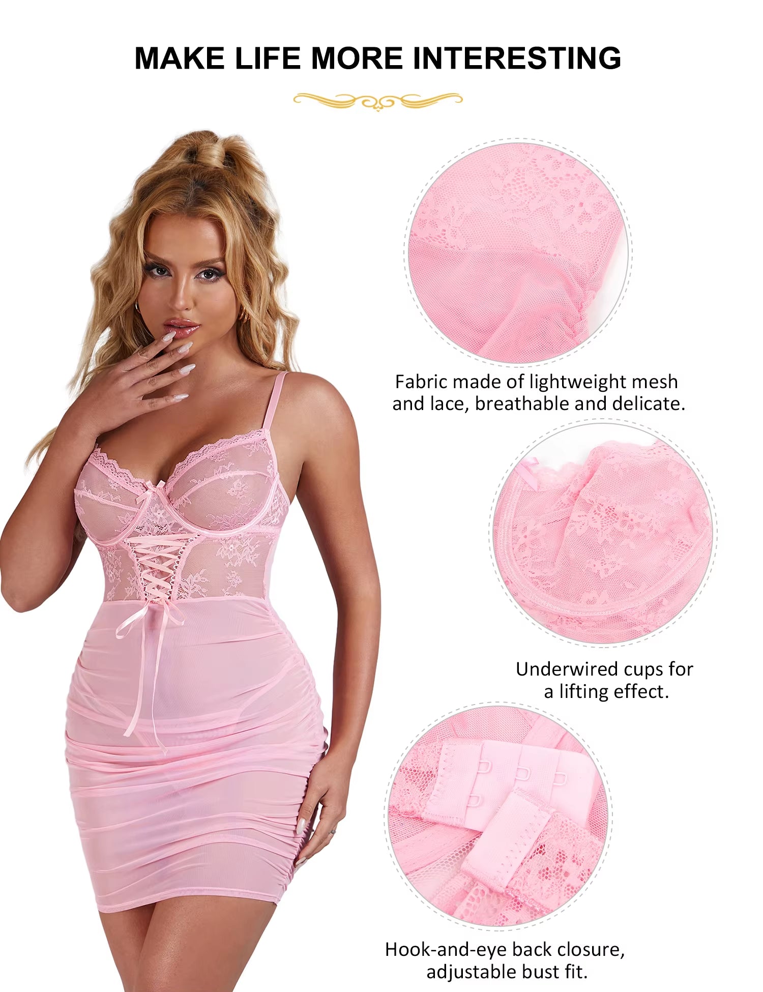 Sexy Sleepwear Baby Doll Pink Thin Lace Mesh Nightgowns Sexy Night Wear Push up Suspenders Night Dress Women Lingerie