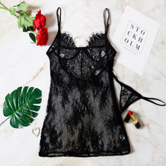 Women Sexy Lace Dress with Thongs Hot Sleepwear Pajamas Backless Lace Sexy Lingerie Strap Dress 1/2 Bra Mesh Hollow Erotic Dress